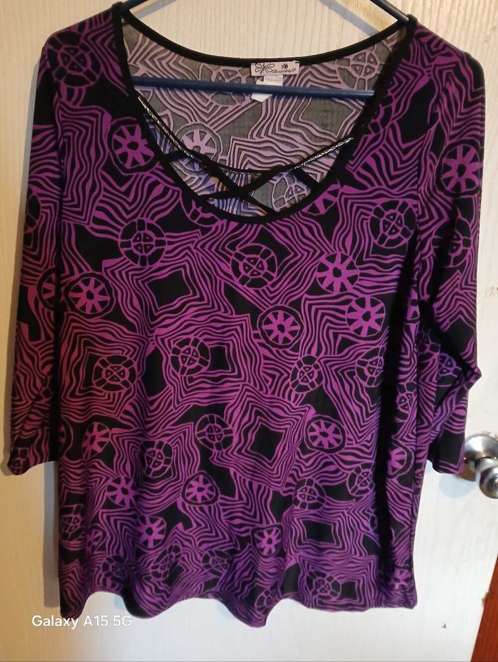 Black and Purple Geometric Crisscross Neck Top